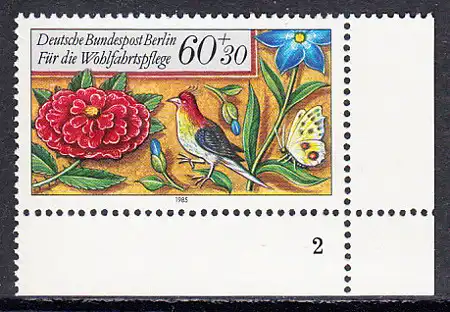 BERLIN 1985 Michel-Nummer 745 postfrisch EINZELMARKE ECKRAND unten rechts (FN) - Miniaturen: Streublumen, Beeren, Vögel und Insekten