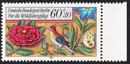 BERLIN 1985 Michel-Nummer 745 postfrisch EINZELMARKE RAND rechts - Miniaturen: Streublumen, Beeren, Vögel und Insekten