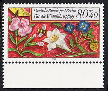 BERLIN 1985 Michel-Nummer 746 postfrisch EINZELMARKE RAND unten - Miniaturen: Streublumen, Beeren, Vögel und Insekten