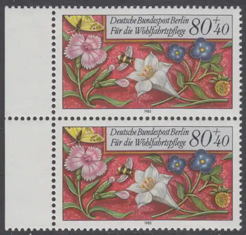 BERLIN 1985 Michel-Nummer 746 postfrisch vert.PAAR RAND links - Miniaturen: Streublumen, Beeren, Vögel und Insekten