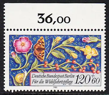 BERLIN 1985 Michel-Nummer 747 postfrisch EINZELMARKE RAND oben - Miniaturen: Streublumen, Beeren, Vögel und Insekten