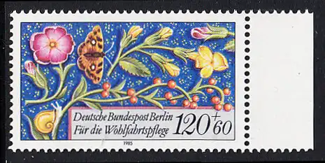 BERLIN 1985 Michel-Nummer 747 postfrisch EINZELMARKE RAND rechts - Miniaturen: Streublumen, Beeren, Vögel und Insekten