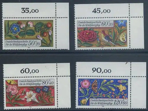 BERLIN 1985 Michel-Nummer 744-747 postfrisch SATZ(4) EINZELMARKEN ECKRÄNDER oben rechts - Miniaturen: Streublumen, Beeren, Vögel und Insekten