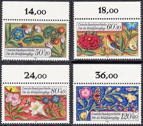BERLIN 1985 Michel-Nummer 744-747 postfrisch SATZ(4) EINZELMARKEN RÄNDER oben (a) - Miniaturen: Streublumen, Beeren, Vögel und Insekten