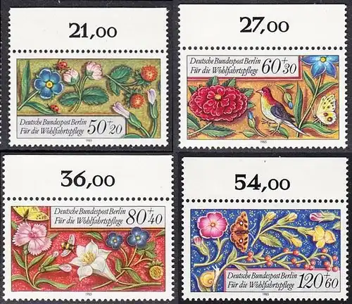 BERLIN 1985 Michel-Nummer 744-747 postfrisch SATZ(4) EINZELMARKEN RÄNDER oben (b) - Miniaturen: Streublumen, Beeren, Vögel und Insekten