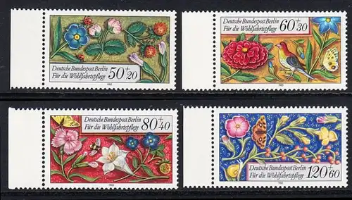 BERLIN 1985 Michel-Nummer 744-747 postfrisch SATZ(4) EINZELMARKEN RÄNDER links - Miniaturen: Streublumen, Beeren, Vögel und Insekten