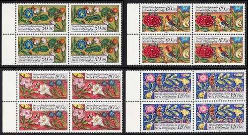 BERLIN 1985 Michel-Nummer 744-747 postfrisch SATZ(4) BLÖCKE RÄNDER links - Miniaturen: Streublumen, Beeren, Vögel und Insekten