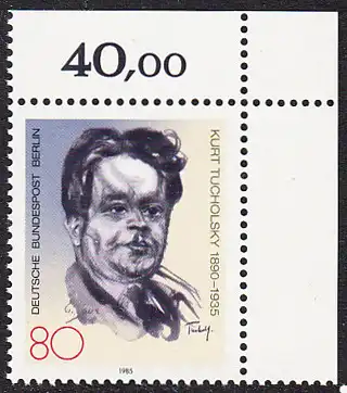 BERLIN 1985 Michel-Nummer 748 postfrisch EINZELMARKE ECKRAND oben rechts - Kurt Tucholsky, Schriftsteller