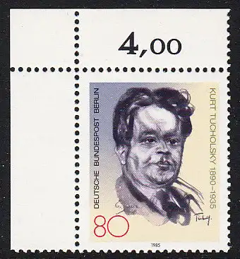 BERLIN 1985 Michel-Nummer 748 postfrisch EINZELMARKE ECKRAND oben links - Kurt Tucholsky, Schriftsteller