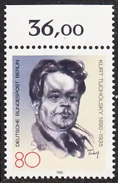 BERLIN 1985 Michel-Nummer 748 postfrisch EINZELMARKE RAND oben (d) - Kurt Tucholsky, Schriftsteller