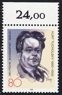 BERLIN 1985 Michel-Nummer 748 postfrisch EINZELMARKE RAND oben (b) - Kurt Tucholsky, Schriftsteller