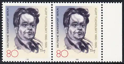 BERLIN 1985 Michel-Nummer 748 postfrisch horiz.PAAR RAND rechts - Kurt Tucholsky, Schriftsteller