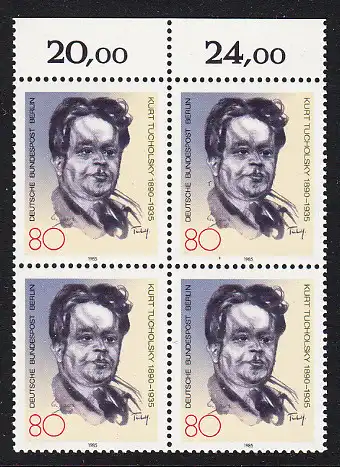 BERLIN 1985 Michel-Nummer 748 postfrisch BLOCK RÄNDER oben - Kurt Tucholsky, Schriftsteller