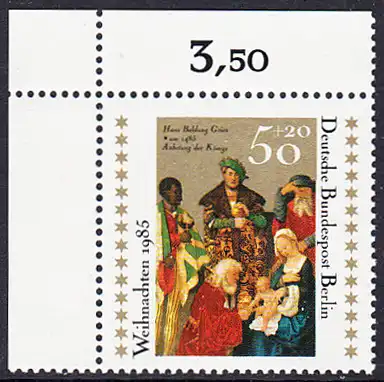 BERLIN 1985 Michel-Nummer 749 postfrisch EINZELMARKE ECKRAND oben links - Weihnachten
