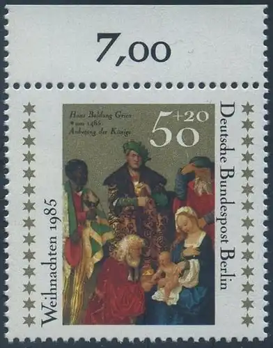 BERLIN 1985 Michel-Nummer 749 postfrisch EINZELMARKE RAND oben (a) - Weihnachten