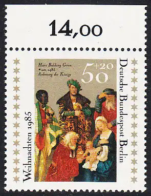 BERLIN 1985 Michel-Nummer 749 postfrisch EINZELMARKE RAND oben (b) - Weihnachten