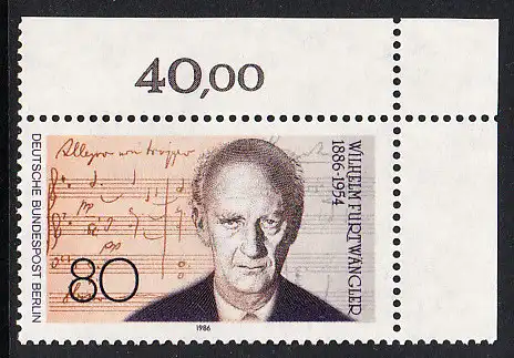 BERLIN 1986 Michel-Nummer 750 postfrisch EINZELMARKE ECKRAND oben rechts - Wilhelm Furtwängler, Dirigent und Komponist