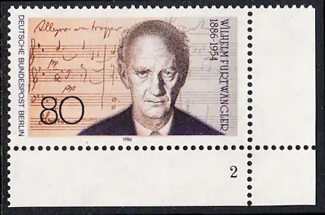 BERLIN 1986 Michel-Nummer 750 postfrisch EINZELMARKE ECKRAND unten rechts (FN/a) - Wilhelm Furtwängler, Dirigent und Komponist