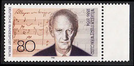 BERLIN 1986 Michel-Nummer 750 postfrisch EINZELMARKE RAND rechts - Wilhelm Furtwängler, Dirigent und Komponist