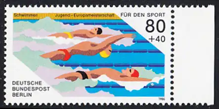 BERLIN 1986 Michel-Nummer 751 postfrisch EINZELMARKE RAND rechts - Sporthilfe: Jugend-Europameisterschaften im Schwimmen, Berlin