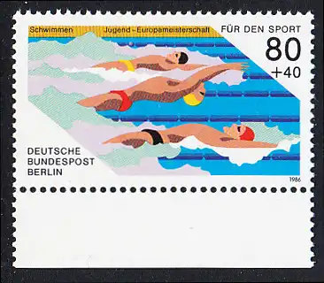BERLIN 1986 Michel-Nummer 751 postfrisch EINZELMARKE RAND unten - Sporthilfe: Jugend-Europameisterschaften im Schwimmen, Berlin