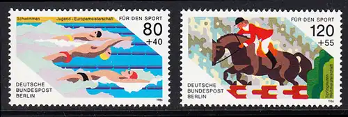 BERLIN 1986 Michel-Nummer 751-752 postfrisch SATZ(2) EINZELMARKEN - Sporthilfe: Jugend-Europameisterschaften im Schwimmen, Berlin / Weltmeisterschaften im Springreiten, Aachen