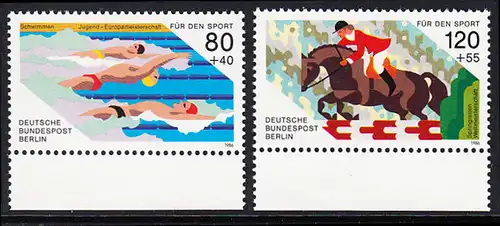 BERLIN 1986 Michel-Nummer 751-752 postfrisch SATZ(2) EINZELMARKEN RÄNDER unten - Sporthilfe: Jugend-Europameisterschaften im Schwimmen, Berlin / Weltmeisterschaften im Springreiten, Aachen