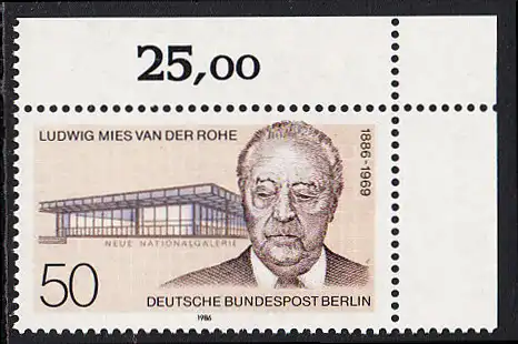 BERLIN 1986 Michel-Nummer 753 postfrisch EINZELMARKE ECKRAND oben rechts - Ludwig Mies van der Rohe, Architekt