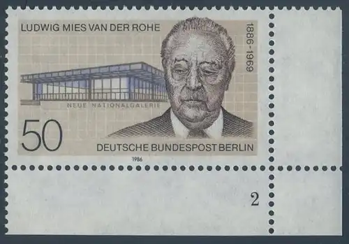 BERLIN 1986 Michel-Nummer 753 postfrisch EINZELMARKE ECKRAND unten rechts (FN/b) - Ludwig Mies van der Rohe, Architekt