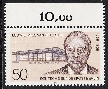 BERLIN 1986 Michel-Nummer 753 postfrisch EINZELMARKE RAND oben (a) - Ludwig Mies van der Rohe, Architekt
