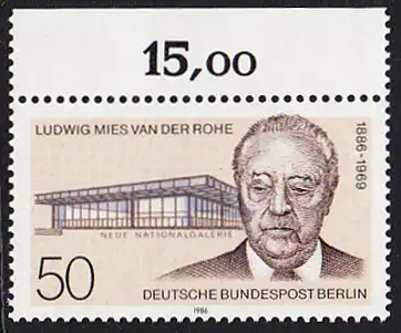 BERLIN 1986 Michel-Nummer 753 postfrisch EINZELMARKE RAND oben (b) - Ludwig Mies van der Rohe, Architekt