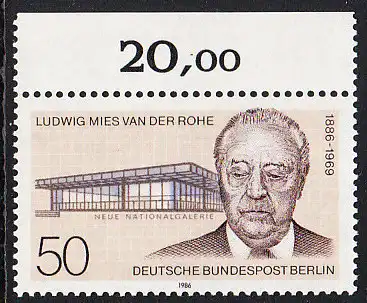 BERLIN 1986 Michel-Nummer 753 postfrisch EINZELMARKE RAND oben (c) - Ludwig Mies van der Rohe, Architekt