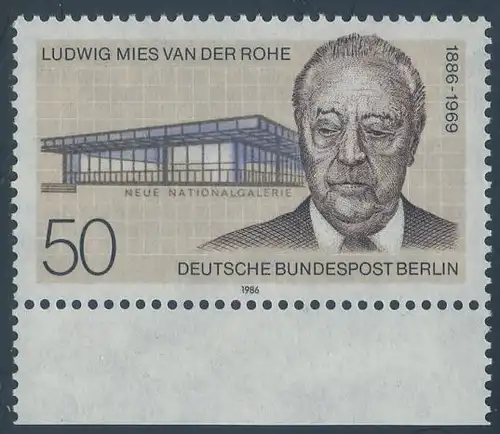 BERLIN 1986 Michel-Nummer 753 postfrisch EINZELMARKE RAND unten - Ludwig Mies van der Rohe, Architekt
