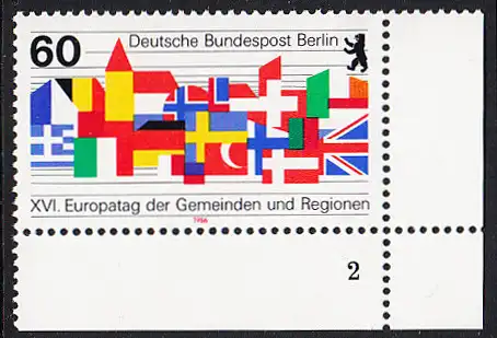 BERLIN 1986 Michel-Nummer 758 postfrisch EINZELMARKE ECKRAND unten rechts (FN) - Europatag der Gemeinden und Regionen, Berlin