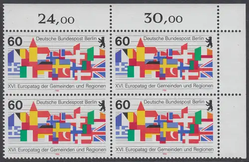 BERLIN 1986 Michel-Nummer 758 postfrisch BLOCK ECKRAND oben rechts - Europatag der Gemeinden und Regionen, Berlin