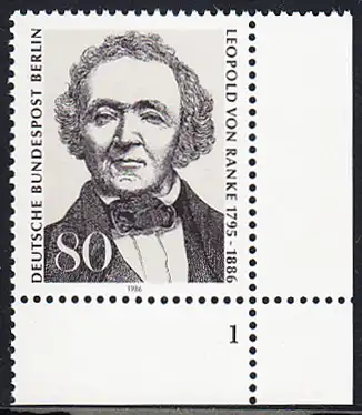 BERLIN 1986 Michel-Nummer 759 postfrisch EINZELMARKE ECKRAND unten rechts (FN/a) - Leopold von Ranke, Historiker