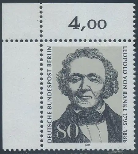 BERLIN 1986 Michel-Nummer 759 postfrisch EINZELMARKE ECKRAND oben links - Leopold von Ranke, Historiker