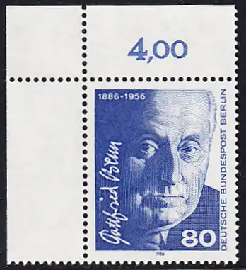 BERLIN 1986 Michel-Nummer 760 postfrisch EINZELMARKE ECKRAND oben links - Gottfried Benn, Dichter