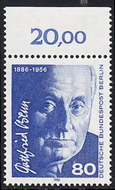 BERLIN 1986 Michel-Nummer 760 postfrisch EINZELMARKE RAND oben - Gottfried Benn, Dichter