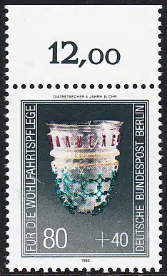 BERLIN 1986 Michel-Nummer 768 postfrisch EINZELMARKE RAND oben (a) - Kostbare Gläser: Diatretbecher