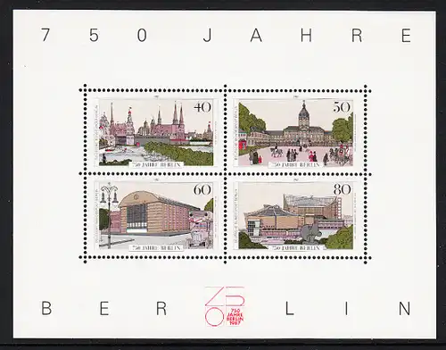 BERLIN 1987 Michel-Nummer 772-775 postfrisch BLOCKAUSGABE (Nr. 8) - 750 Jahre Berlin