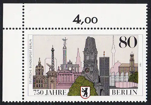 BERLIN 1987 Michel-Nummer 776 postfrisch EINZELMARKE ECKRAND oben links - 750 Jahre Berlin