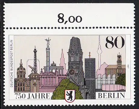 BERLIN 1987 Michel-Nummer 776 postfrisch EINZELMARKE RAND oben (a) - 750 Jahre Berlin