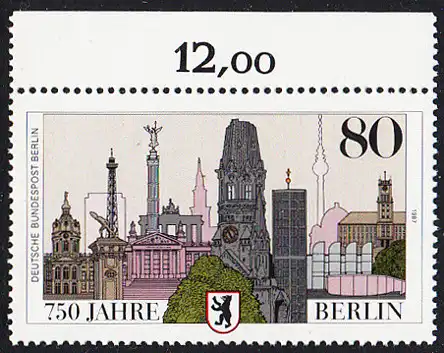 BERLIN 1987 Michel-Nummer 776 postfrisch EINZELMARKE RAND oben (b) - 750 Jahre Berlin