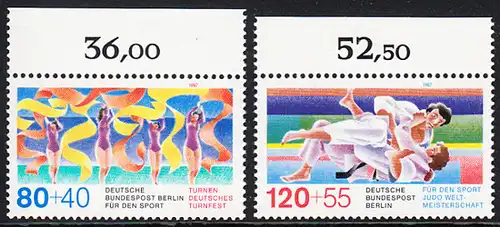 BERLIN 1987 Michel-Nummer 777-778 postfrisch SATZ(2) EINZELMARKEN RÄNDER oben - Sporthilfe: Deutsches Turnfest, Berlin / Judo-Weltmeisterschaften, Essen