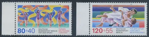 BERLIN 1987 Michel-Nummer 777-778 postfrisch SATZ(2) EINZELMARKEN RÄNDER links - Sporthilfe: Deutsches Turnfest, Berlin / Judo-Weltmeisterschaften, Essen