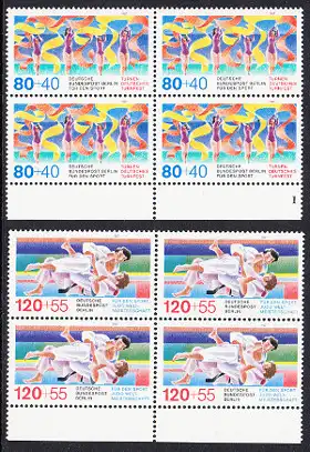 BERLIN 1987 Michel-Nummer 777-778 postfrisch SATZ(2) BLÖCKE RÄNDER unten - Sporthilfe: Deutsches Turnfest, Berlin / Judo-Weltmeisterschaften, Essen