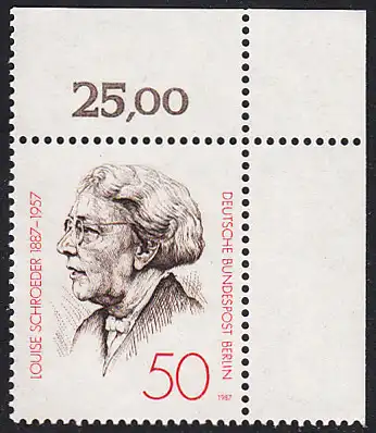BERLIN 1987 Michel-Nummer 779 postfrisch EINZELMARKE ECKRAND oben rechts - Louise Schroeder, Politikerin, Oberbürgermeisterin von Berlin