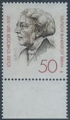 BERLIN 1987 Michel-Nummer 779 postfrisch EINZELMARKE RAND unten - Louise Schroeder, Politikerin, Oberbürgermeisterin von Berlin