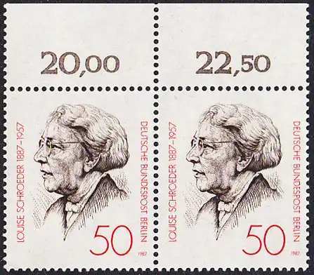BERLIN 1987 Michel-Nummer 779 postfrisch horiz.PAAR RAND oben (a) - Louise Schroeder, Politikerin, Oberbürgermeisterin von Berlin